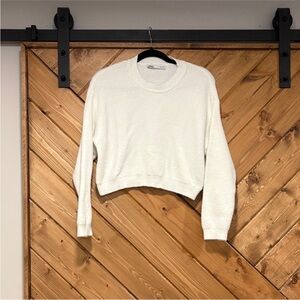 Zara White Cropped Crewneck Sweater Small Cozy